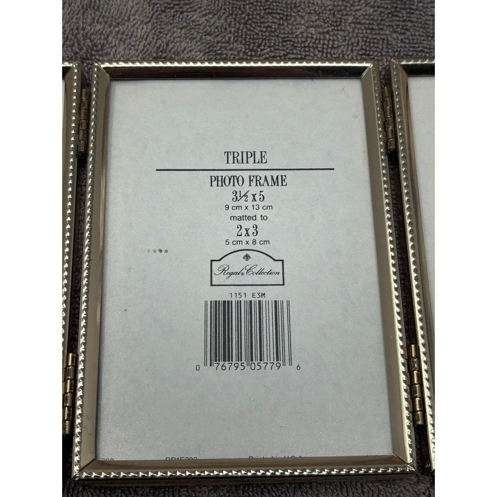 Vintage Triple Hinged Picture Frame Gold Tone 3.5x5 Folding Tabletop Photo